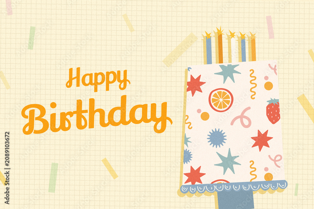 Fototapeta premium Happy birthday celebration with cake, candles, and colorful decorations on a simple background