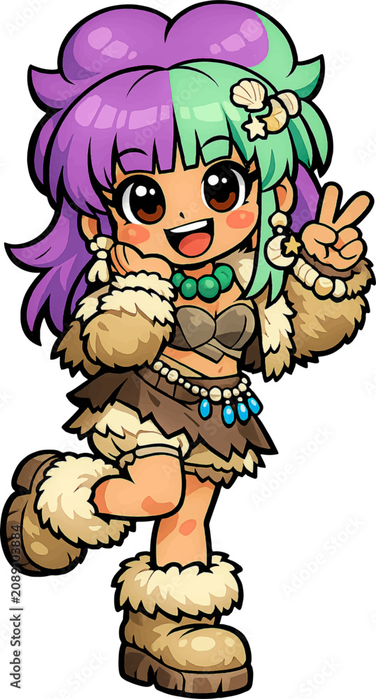 Obraz premium Cute Prehistoric Stone Age Cartoon Cavegirl Mascot Vector Character Illustration | Editable AI Illustrator