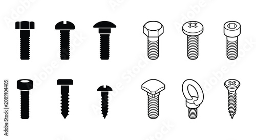 Fotografie Variety Of Screws And Bolts Black Vector Illustration On White Background