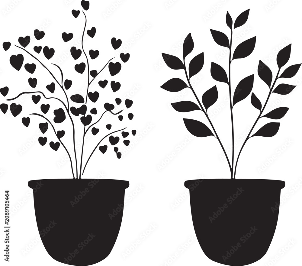 Obraz premium Black potted plants, heart leaf and branch silhouettes, vector icons, floral symbols
