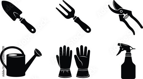Foto Black Silhouette Gardening Tools Icon Set Featuring Hand Trowel Shovel Rake Seca
