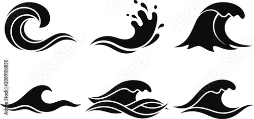 Bild auf Leinwand Black Silhouette Ocean Wave Icon Set Featuring Sea Swell Splash Surf Ripple and