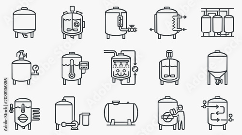 Dynamic Black and White Line Drawing Set of Brewing and Fermentation Equipment Icons for Beer Brewing Process