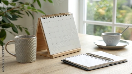 Desk calendar notebook and coffee cup on wooden table calendar notebook planning workplace stationery business