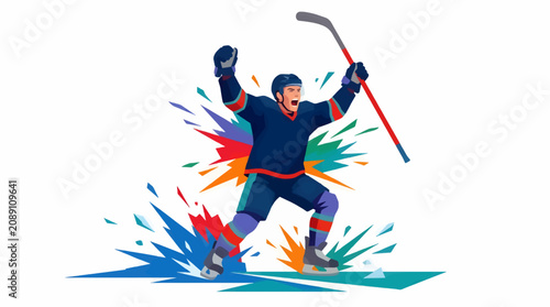 Canvas Print Dynamic Flat Design Hockey Player Celebrating Victory with Arms Raised, Ice Hock
