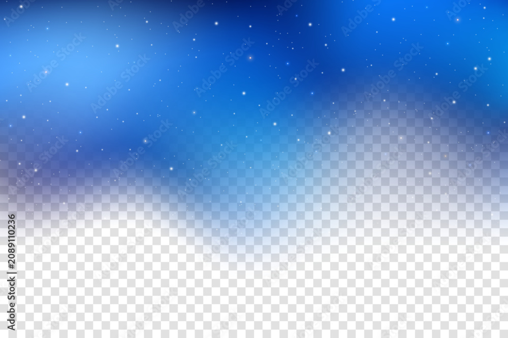 Naklejka premium Night sky background with stars. Light blue gradient of galaxy with shiny magic glitter and bright sparkles. Transparent winter cosmic vector bg with glowing particles.