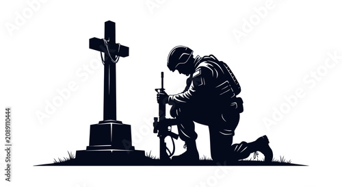 Foto Soldier kneeling by grave marker with drill with marker operating depicts soldie