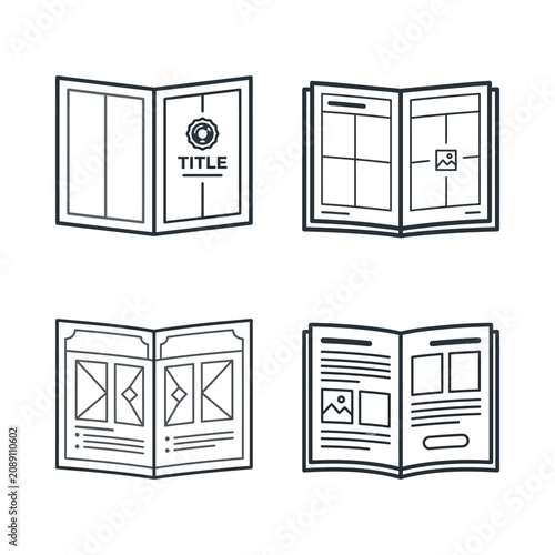 Brochure Layout Design Icons: Open Books, Templates, Page Design, Content Planning