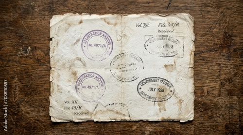 Old Weathered Document with Multiple Stamps and Postmarks on Brown Wooden Surface.