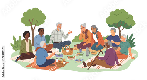 Vector illustration of a diverse group of senior citizens enjoying an outdoor picnic in a park with food baskets and blankets. Elderly men and women socializing on a white background.