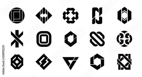 Collection of modern geometric logos with icons white background set black geometric graphic resources minimalist elements abstract symbols with shapes