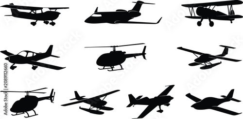 Obraz na płótnie Aircraft Silhouette Collection Featuring Airplanes Helicopters Seaplanes Busines