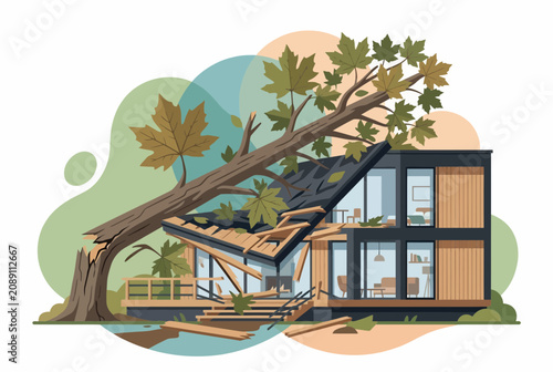 Fotografie Large Fallen Tree Damaging Modern House Roof for Insurance Claim