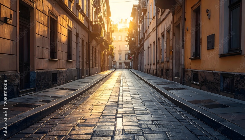Obraz premium Calle estrecha de adoquines entre edificios históricos iluminada por la luz dorada del atardecer