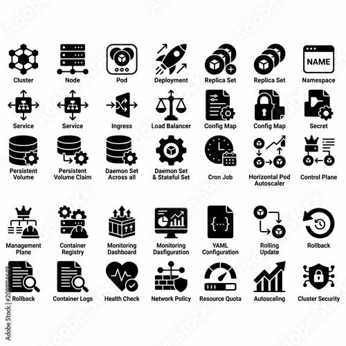 Konstfotografi Comprehensive set of black and white icons representing Kubernetes components and cloud-native orchestration concepts for modern software development