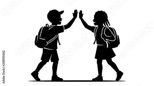 School kids, children, backpacks, high five, friendship icons
