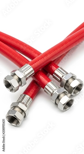Two braided red flexible hoses with metal connectors on white background.