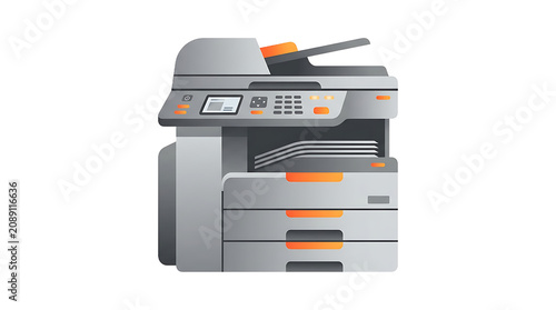 A flat of a gray and orange office multifunction printer, scanner, and copier machine on a white background