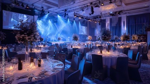 Elegant ballroom event with stage lighting and table settings.