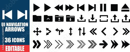 Obraz na płótnie Collection of 36 editable UI navigation arrows and media player control icons in black and white