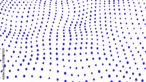 Abstract background featuring a flowing wave of blue dots on a white backdrop an composed of circular arranged in wave like