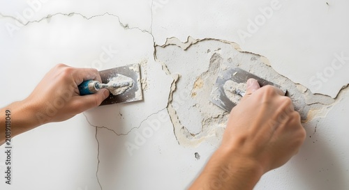 Hands of a worker plastering a crack in a wall, repairing a damaged surface.