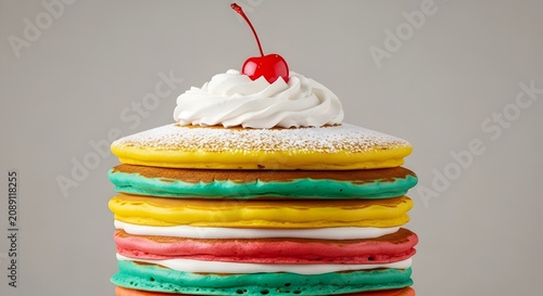 Stack of colorful rainbow pancakes topped with whipped cream and cherry.