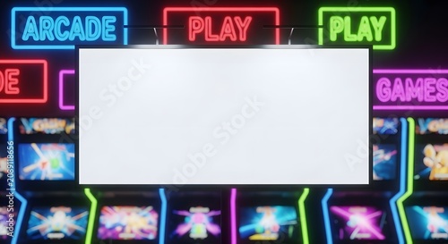 Blank white billboard with neon arcade and play signs, ideal for game advertisements or retro-themed promotions.