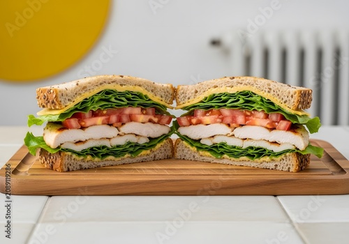 Healthy grilled chicken sandwich cut in half on wooden chopping board.