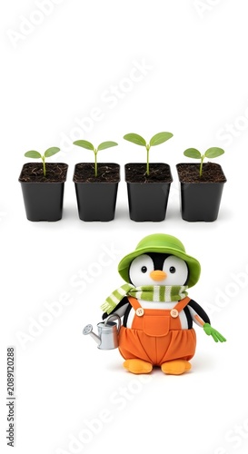 Cute toy penguin in gardening outfit with watering can and four small plant pots with sprouts.