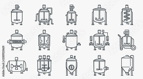 Fotografía Clean Black and White Line Drawing Set of 15 Industrial Mixing and Brewing Tanks