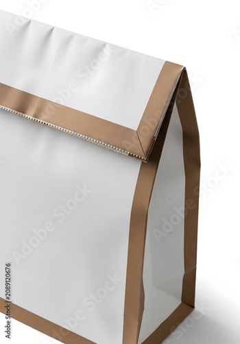 Perspective view of a white paper lunch bag with brown trimming and serrated edge on white background.