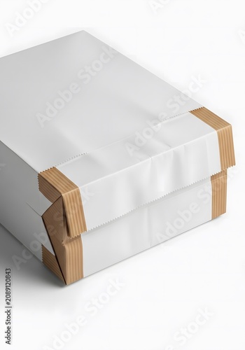 Two white paper bags with brown tape, stacked neatly on a white background, ready for branding.
