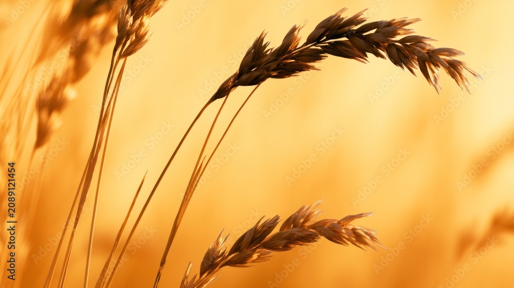 Fototapeta premium Close-up of wheat ears swaying in golden sunset field backlit with warm natural light