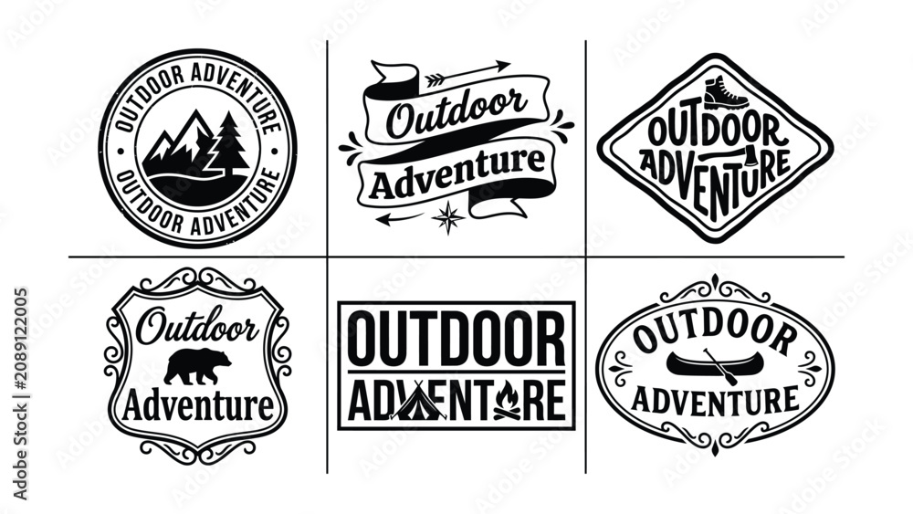 Obraz premium Collection of six black and white outdoor adventure graphic design logos and emblems