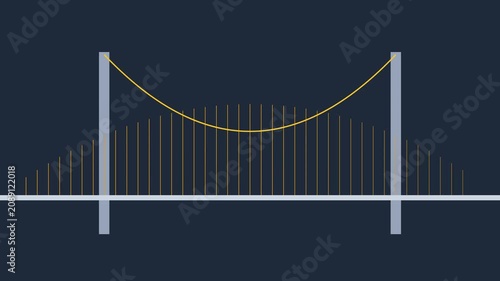 Minimalist suspension bridge animation: dynamic cable tension and structural engineering concept 4k architecture
