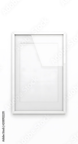 Empty white picture frame with glass on a white background, ready for image insertion.