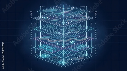 Abstract layered digital circuit board structure with glowing blue data pathways and interconnected electronic components in a futuristic tech concept transparent background