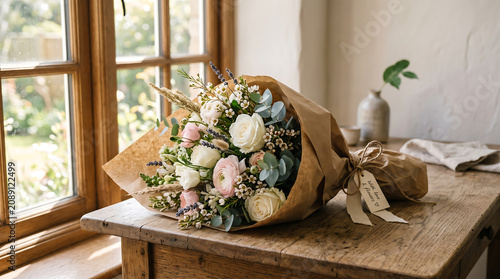 Pastel flower bouquet wrapped in brown paper on wooden table