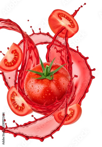 Fresh red tomato surrounded by water splash and fruit slices isolated on white background.