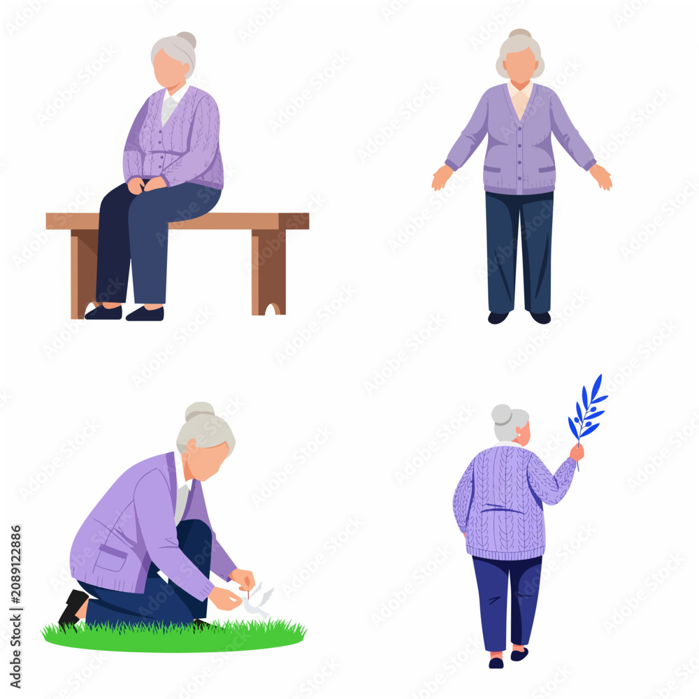 Fototapeta premium Set of elderly woman character illustrations in various poses: sitting on a bench, standing, feeding a bird, and walking with a branch. Flat vector style senior woman icon bundle.