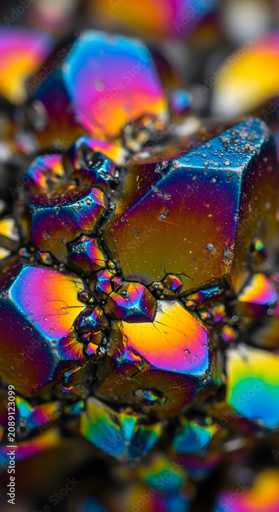 Naklejka premium Close-up macro photography of vibrant rainbow titanium coated quartz mineral crystal cluster showing iridescent metallic geological textures