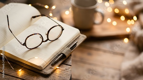 Open journal with glasses and coffee on a wooden desk with bokeh lights