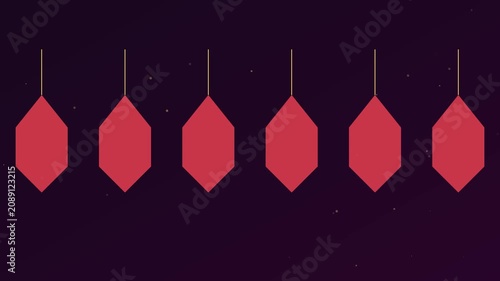 Red hexagon shapes hanging on strings motion animation 4k background, with floating particles, and dark purple aesthetic