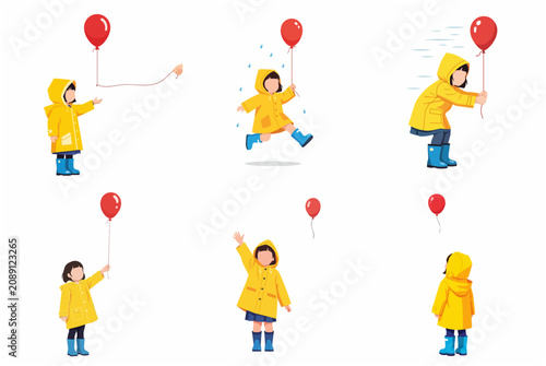Foto Collection of little girl in yellow raincoat and blue boots playing with red bal