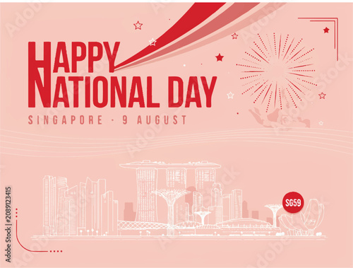 Singapore National Day Vector Banner Design with SG59 Badge City Skyline Line Art and Red Ribbons