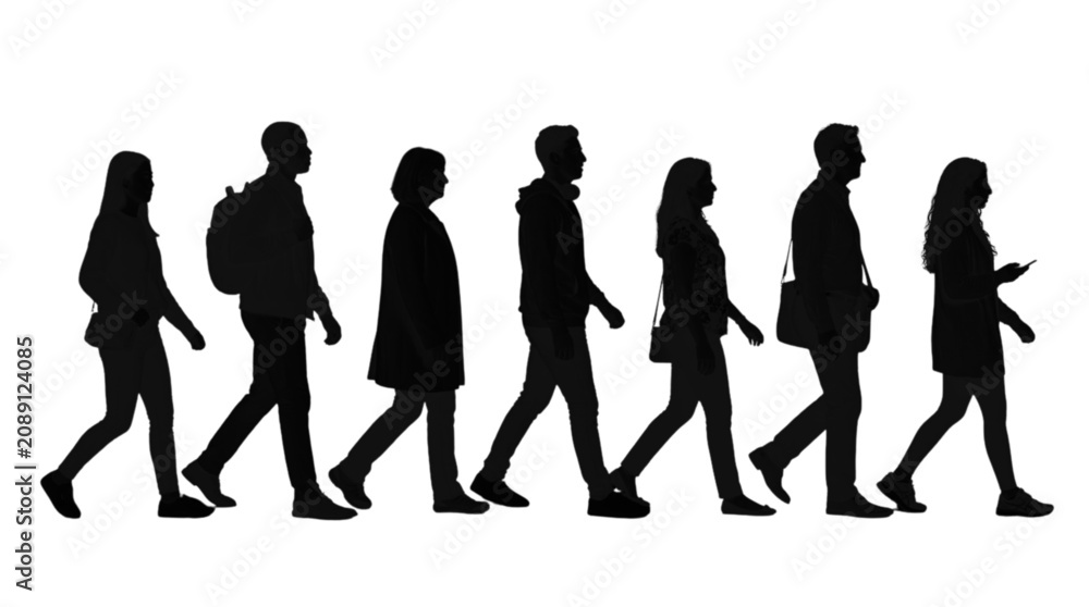 Obraz premium Silhouettes of people walking together in a line isolated on transparent background, Vector