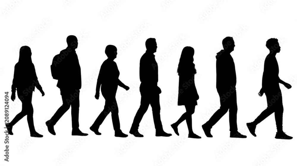 Obraz premium Silhouette people walking together in a line isolated on transparent background, Vector
