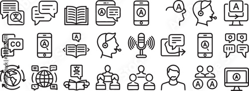 Communication Icons Set with Speech Bubbles, Smartphones, Microphone, and Person Silhouettes in Black Line Style