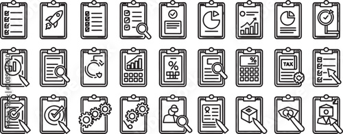 Clipboard Icon Set with Analytics, Checklist, Magnifier, Rocket, Calculator, Percentage, Tax, and Delivery Illustration